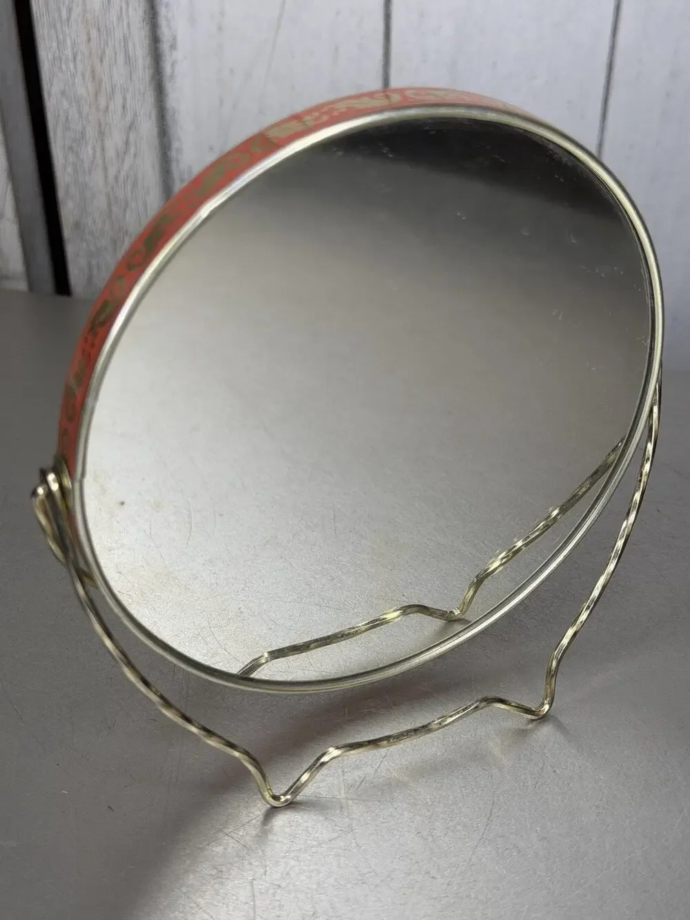 Vintage Mirror Table Top Floral Coral Metallic Edge Double Sided Hollywood Glam